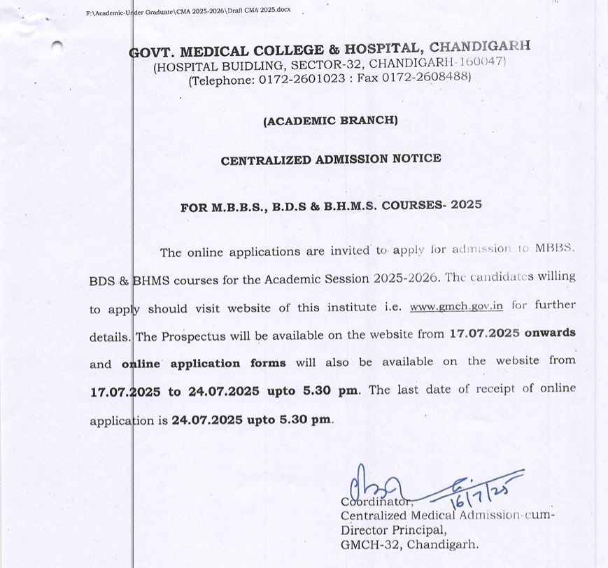 Chandigarh  MBBS BDS Round 1 Schedule 2025